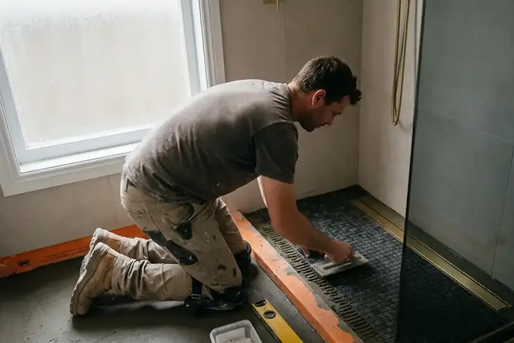 Douche à l’italienne carrelée de plain-pied avec caniveau linéaire contre le mur et paroi en verre fixe